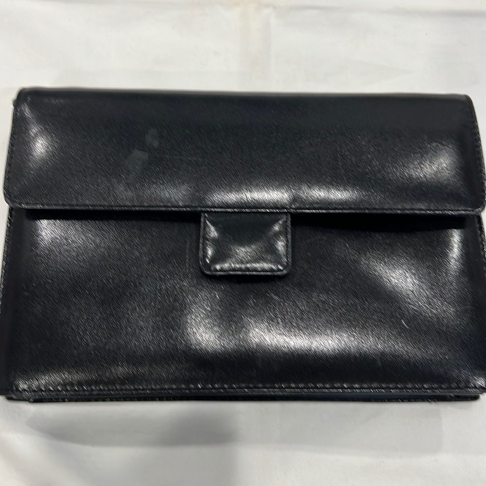 Black snap closure clutch/shoulder bag. Leather. Talbots.